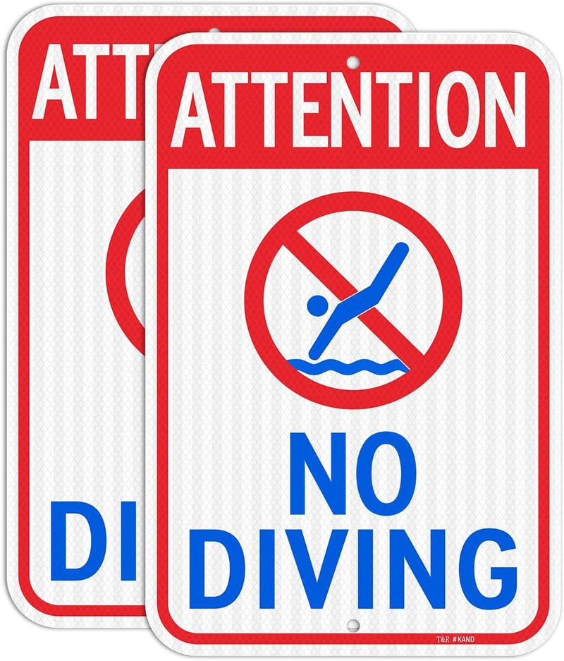 TR (2 Pack) Large Attention No Diving Signs, 18" x 12" Engineer Grade Reflective Sheeting, Rust Free Aluminum, Weather Resistant, Waterproof, Fade Resistant, 2 Pre-drilled Holes - Image 1